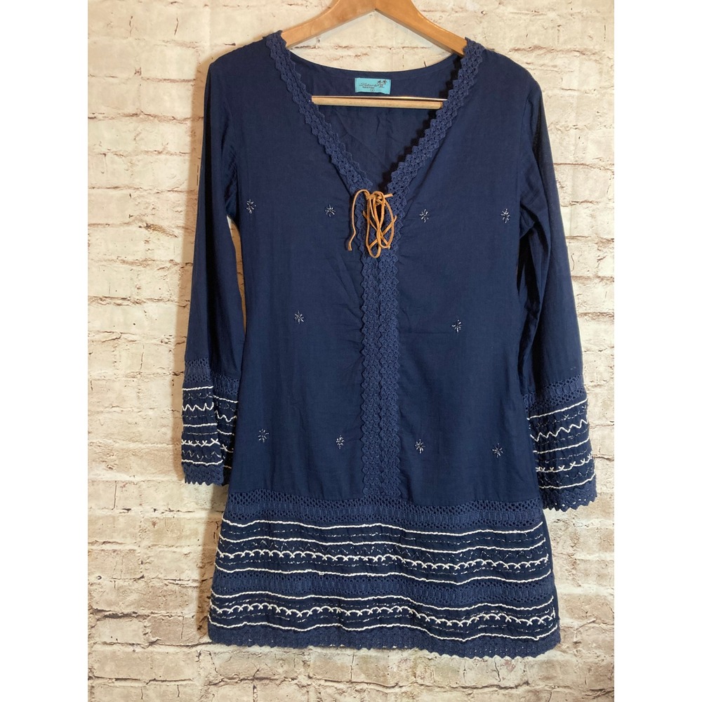 Letarte Tunic Dress Medium Crochet Lace Trim Bohemian Navy Embroidered Beachy